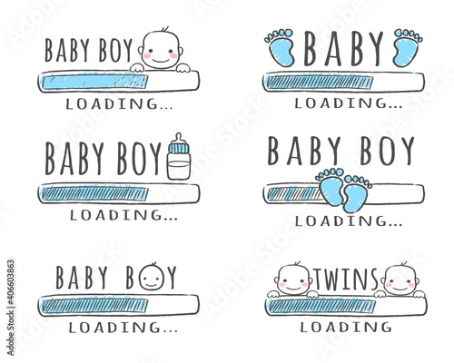 Progress bar with inscription - Baby Boy Loading collection in sketchy style. Vector illustration for t-shirt design, poster, card, baby shower decoration.