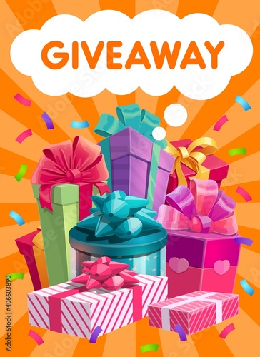 Giveaway gifts vector promo, social network advertising. Presents, like or repost giving in social media. Surprise packages pile, subscriber winner reward. Cartoon poster with gifts boxes and confetti