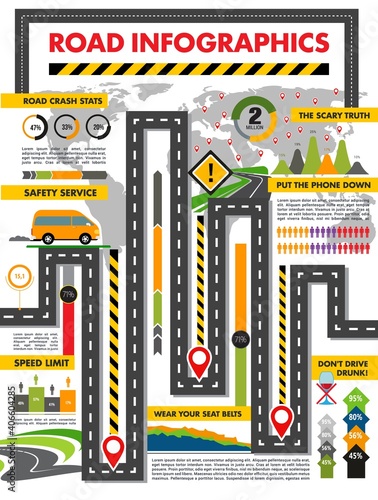 Road infographics vector template. Transport and traffic safety infographic, highway with signs and map pointers, graph and chart of crash, accident statistics with freeway, icons of cars and roadway