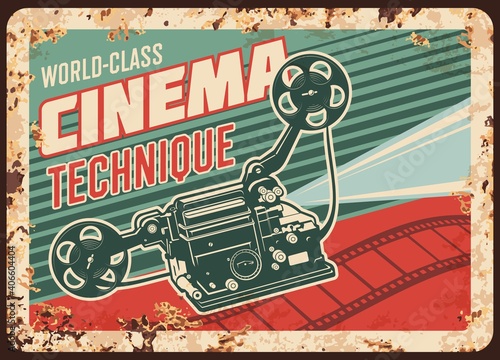 Cinema technique vector rusty metal plate with vintage video camera and film reels. Movie studio equipment rust tin sign  retro poster for cinematography industry  ferruginous ad with old camcorder