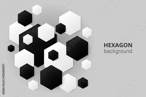 Black and white hexagonal shapes. Hexagonal technology background. Digital technology design.