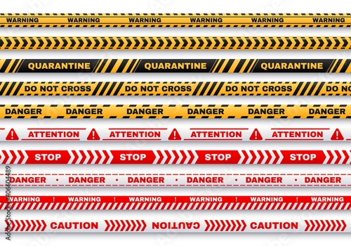 Security warning vector tapes with typography Quarantine, Caution, Do not cross, Stop, Danger for web, police, detective or criminal and law. Accident or murder place fencing, forbidden territory pass