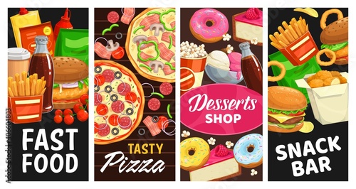 Fast food and snack bar desserts vector street meals burgers, donuts and popcorn, french fries and soda drink. Chicken nuggets, cheeseburger, pizza and ice cream takeaway fastfood menu banners set