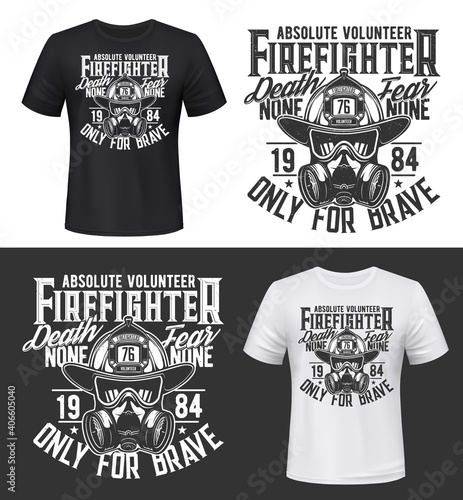 Tshirt print with firefighters equipment gas mask, glasses and helmet vector apparel mockup. Fire department rescue team emergency service black and white t shirt print design isolated label or emblem