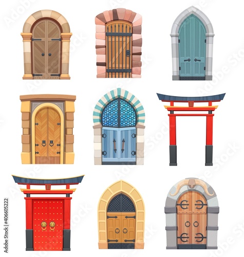 Cartoon gates and doors vector wooden and stone medieval asian, european or fairytale arched or rectangular entries. Palace or castle exterior design elements with forged decoration and ring knobs set