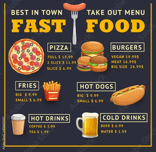 Fast food menu vector template, takeaway dishes pizza with salami, hot dog, french fries or burgers, hot and cold drinks. Cartoon menu take out combo meals, junk food dishes and beverages assortment