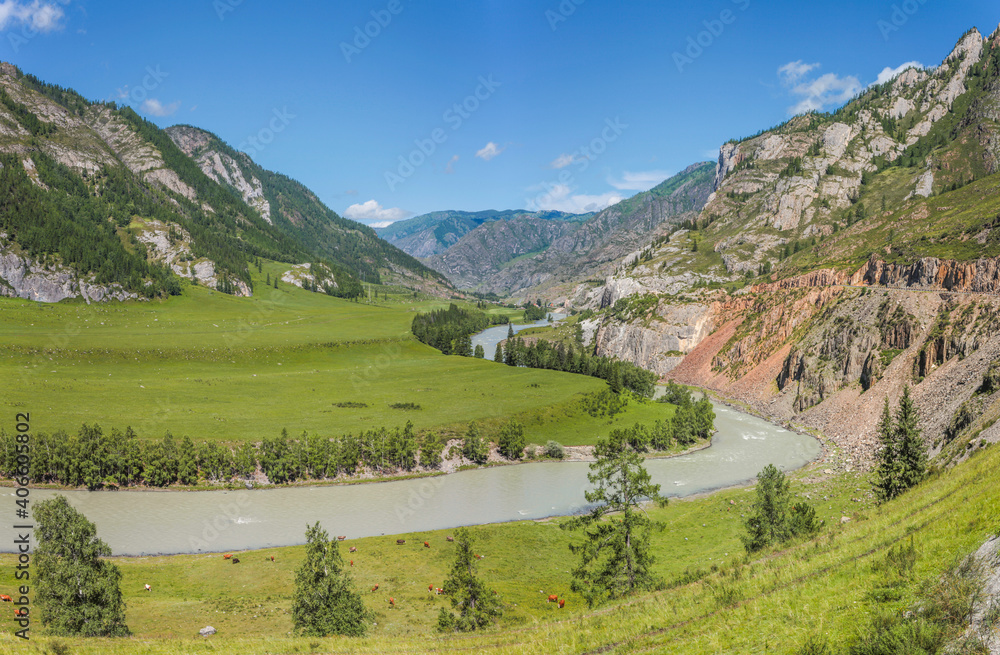 Mountain valley with river, summer day Mountain valley with river, summer day