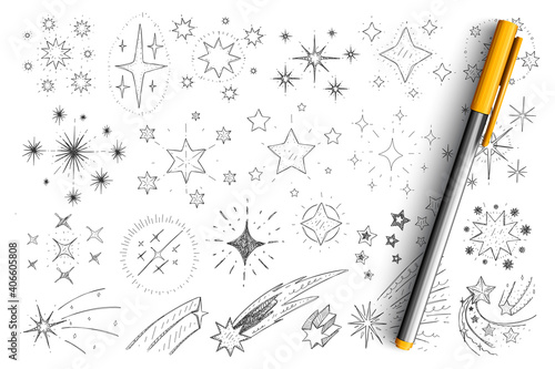 Stars and comets doodle set. Collection of hand drawn minimal silhouettes of stars, comet, constellation in galaxy and universe levitating and falling isolated on transparent background