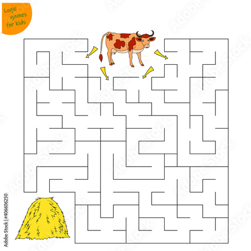 maze for children of agricultural animal, a cow and a haystack. Vector illustration isolated on white background