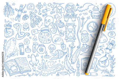 Witchcraft magic symbols doodle set. Collection of hand drawn frogs, poisons, snake, voodoo doll, skull and other tools for witchcraft isolated on transparent background. Illustration of esoteric