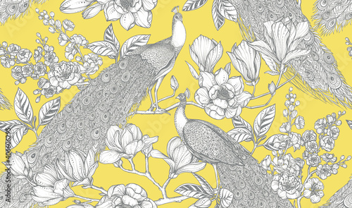 Vector seamless pattern of magnolia flowers, branches and peacocks.
