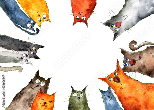 Foto Watercolor illustration with funny cats will help you in creating your different designs, postcards, invitations, suitable for printing on fabric, packaging products and much more