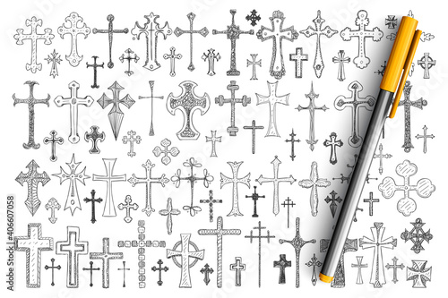 Various religious crosses doodle set. Collection of hand drawn crosses of different sizes and styles as symbol of religious faith, Christianity isolated on transparent background