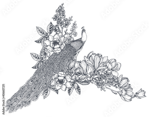 Vector bouquet of hand drawn peacocks, doodle magnolia and sakura flowers. Beautiful romantic elegant floral composition