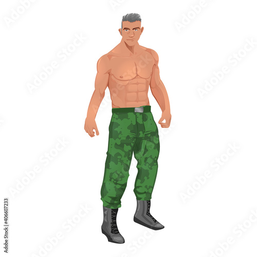 Premium vector man in green camouflage pants and black boots, topless muscles