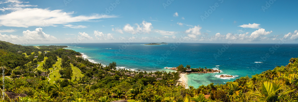 View over Pointe Ste Marie on the west coast of Praslin Island in the Seychelles