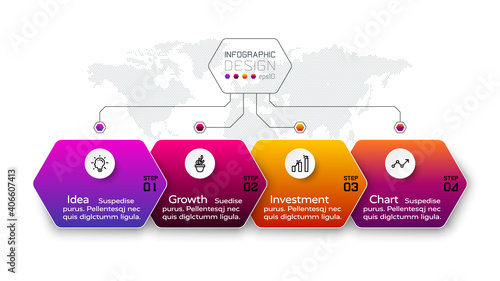 The organization hexagon presents work processes in a workflow format, identifying functions and processes. vector infographic design.