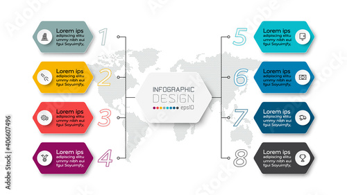 Presentations 8 steps by hexagon design describe the work through the organization.  infographic design.