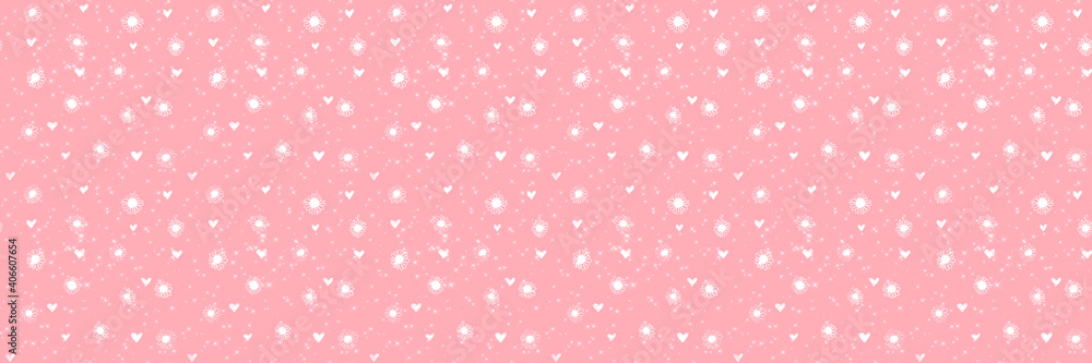 cute romantic pink background with many hearts, sparks, primitive flowers of white color. Seamless background