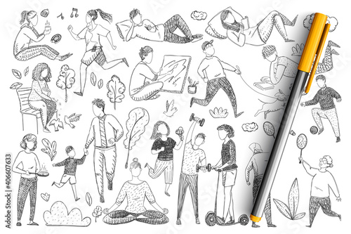 Healthy family lifestyle doodle set. Collection of hand drawn parents doing sport, meditating, playing games, walking with children isolated on transparent background. illustration of happy family