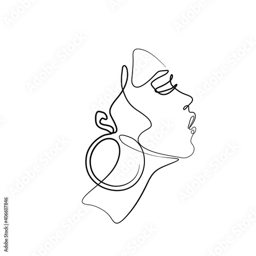 Woman abstract portrait, continuous line drawing, face of the girl is a single line on a white background, Vector illustration. Tattoo, print and logo design for a spa or beauty salon. Line art.
