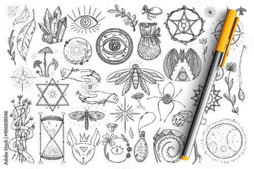 Magic and occult symbols doodle set. Collection of hand drawn spiritual eyes, snakes, crystals, insects and magical symbols for occultism isolated on transparent background