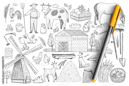 Agriculture and farm doodle set. Collection of hand drawn farmer, animals, harvesting, haystacks, village house and feeding places in stalls isolated on transparent background. Illustration of farm
