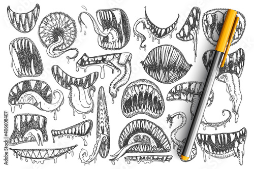 Spooky teeth and mouth doodle set. Collection of hand drawn scary mouth, teeth, tongue as snake or as tattoos isolated on transparent background