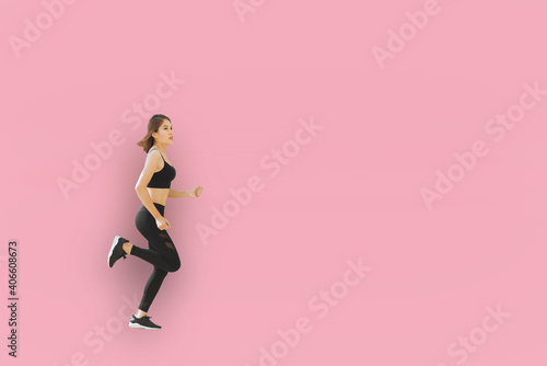 Full length body size view of her she nice attractive lovely cheerful cheery energetic girl jumping running fast isolated over bright vivid shine vibrant pink color background