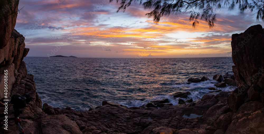 Sunset view of the Indian Ocean from Pointe Ste Marie on Praslin Island in the Seychelles 