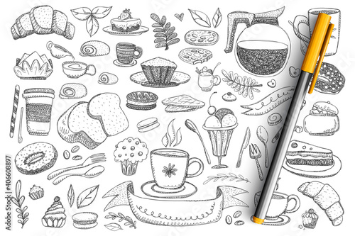 Breakfast essentials and food doodle set. Collection of hand drawn teapot, coffee, cake, bread, donut, sweets, desserts, hot drinks and cutlery isolated on transparent background 