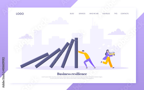 Domino effect or business resilience metaphor vector illustration. Adult young man pushing falling domino line business concept of problem solving website template.