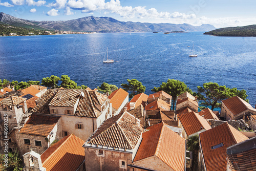 Panoramic view of a beautiful bay in Croatia. Korcula island, Dalmatia region. Famous Croatian tourist destination, travel and active lifestyle concept.