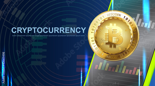 Crypto currency Bitcoin. Blue Background Digital Web Money Technology Banner With Copy Space. Vector Illustration