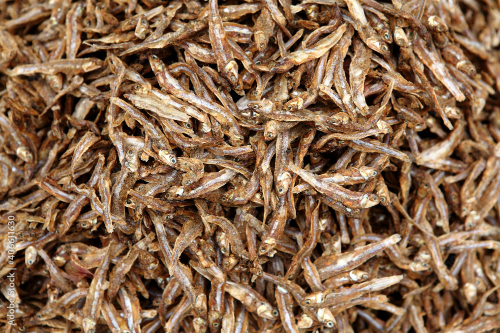 Small dry fish. Dried seafood sold in Indian market.