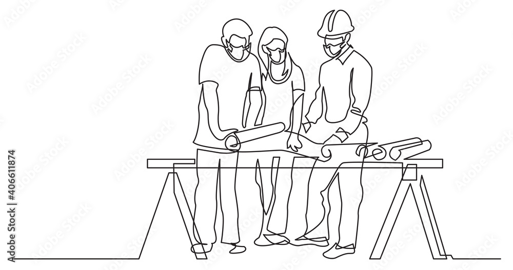 Dialog Line Drawing Building continuous line drawing of - couple discussing costruction plan with ...
