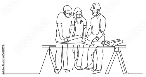continuous line drawing of - couple discussing costruction plan with developer wearing face mask