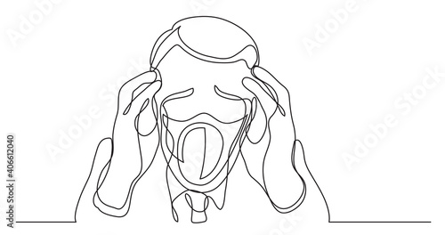 depressed businessman wearing face mask - continuous line drawing