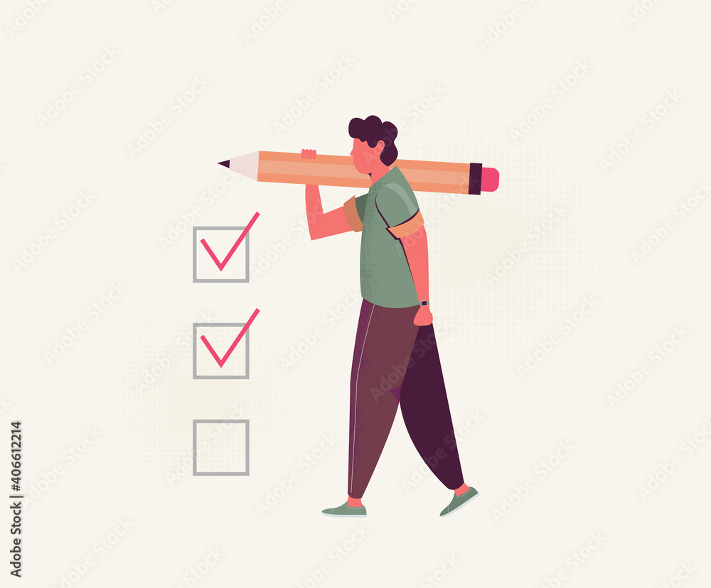 Positive business man with a giant pencil on his shoulder nearby marked checklist on a clipboard paper. Illustration flat design style Positive business man with a giant pencil on his shoulder nearby marked checklist on a clipboard paper. Illustration flat design style