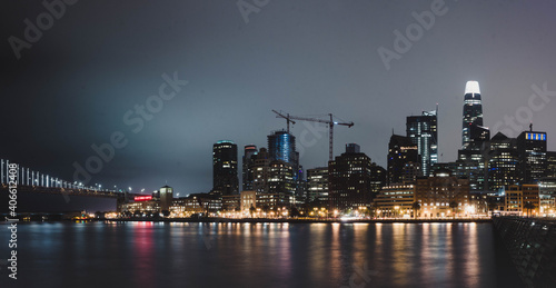 Long Exposure at night of San Francisco with Bay Bridge and Salesforce Tower