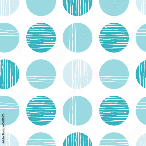 Hand-drawn vertical and horizontal on big blue circles. Abstract seamless pattern for wallpaper, wrapping paper, textile, surface design