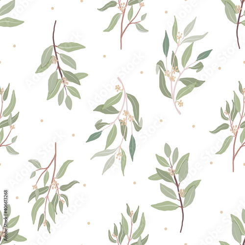beautiful minimal hand drawn organic seeded eucalyptus leaves seamless pattern