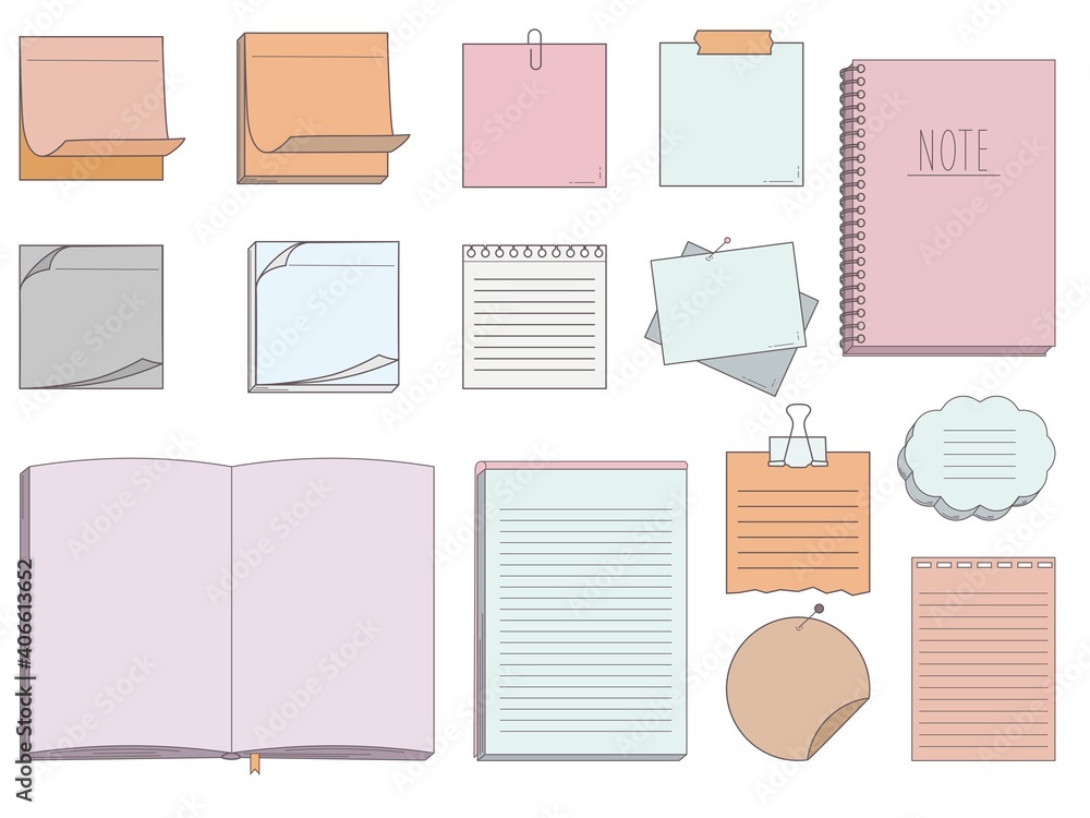 Collection of papers for memo - notepads, stickers, notebooks isolated on white background. Vector illustration - obrazy, fototapety, plakaty 