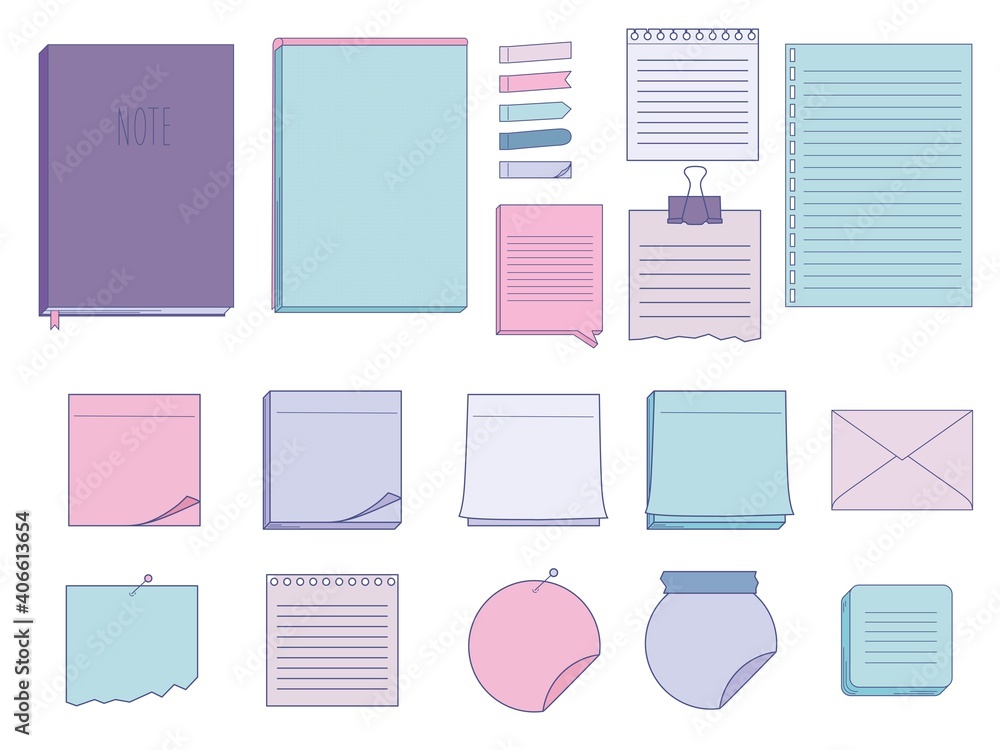 Collection of papers for memo - notepads, stickers, notebooks isolated on white background. Vector illustration