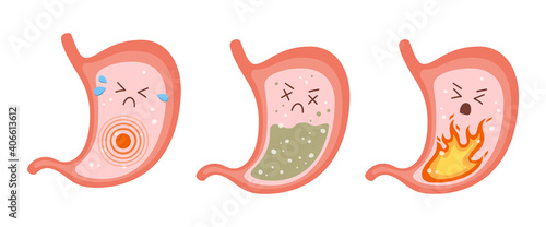 Sick stomach characters. Stomach pain, gastritis, indigestion, vomiting, heartburn problems. Vector flat cartoon illustration on white background