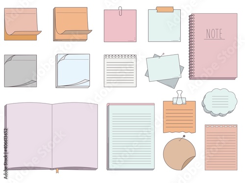 Collection of papers for memo - notepads, stickers, notebooks isolated on white background. Vector illustration