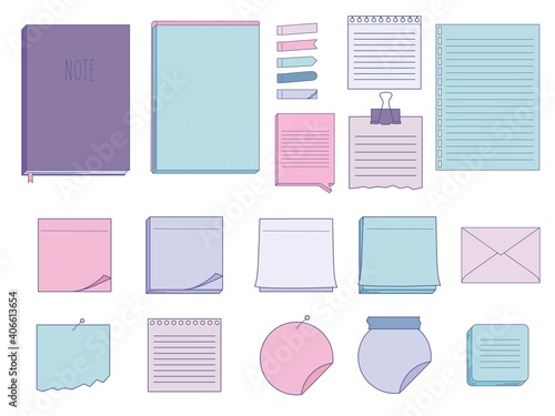 Collection of papers for memo - notepads, stickers, notebooks isolated on white background. Vector illustration