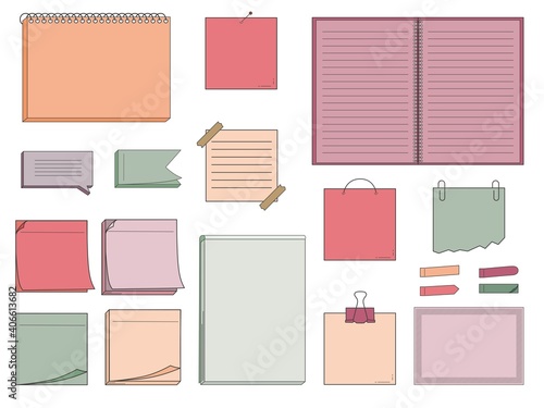 Collection of papers for memo - notepads, stickers, notebooks isolated on white background. Vector illustration