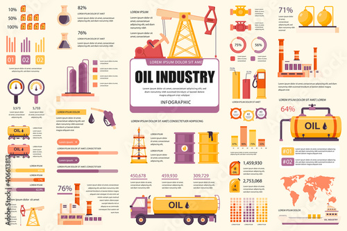 Bundle oil industry infographic UI, UX, KIT elements. Different charts, diagrams, workflow, transport, factory, crude extraction, graphs design template. Vector info graphic and infographics set.