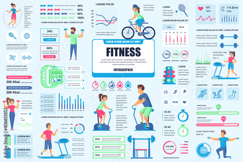 Bundle fitness and sports infographic UI, UX, KIT elements. Different charts, diagrams, workflow, fitness equipment, gym, cardio workout design template. Vector info graphic and infographics set.